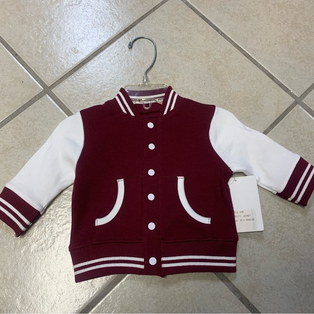 Unisex Infant 0/3 Months Burgundy Maroon & White Lightweight Varsity Jacket NWT